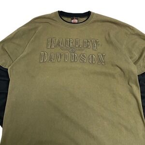 Y2K Olive Harley-Davidson Layered Long Sleeve Shirt